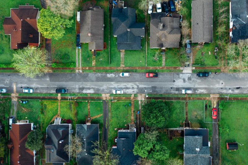 Home 27 Highangle aerial shot of a suburban neighborhood street line 1781024416